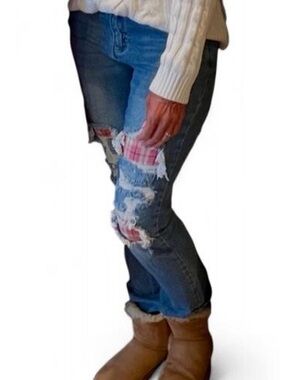 Cato Blue Distressed Boyfriend Jeans with Pink Plaid Patches
